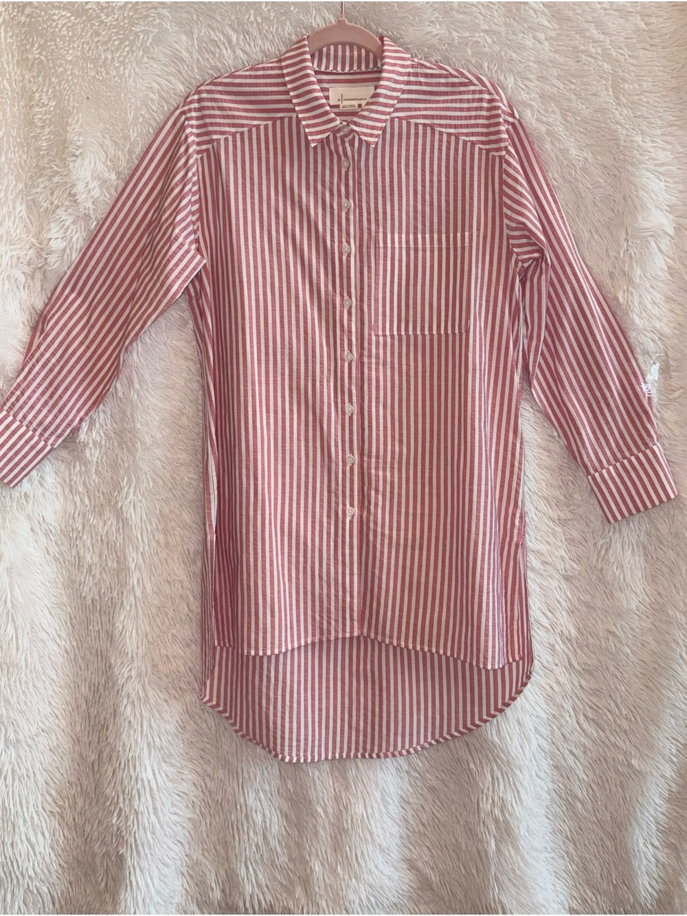 Anthropologie Red White Striped Button Down Tunic Shirt Top Oversized XS